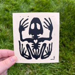 Frog Skeleton Linocut Print – Hand-Printed Original Art
