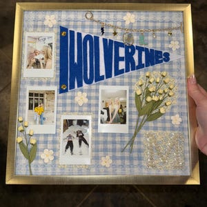 Puede incluir: Un collage enmarcado con un fondo de cuadros vichy azul y blanco. Presenta cuatro fotos polaroid, un bander&iacute;n azul con "Wolverines" en blanco y flores y adornos decorativos. El marco es dorado.