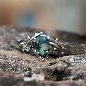 Anello a foglia in agata muschiata, in argento sterling, ispirato alla natura, ideale per fidanzamento e matrimonio.