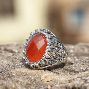 Carnelian Ring, 925 Sterling Silver Ring, Men&#39;s Ring, Oval Cut Gemstone Ring, Ottoman Designer Ring, Wedding Ring, Anniversary Gift For Him