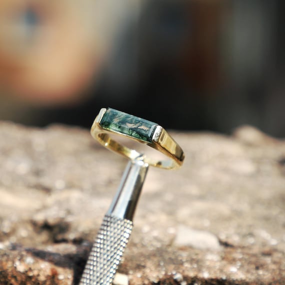Moss Agate Signet Ring, Emerald Cut, 925 Sterling Silver
