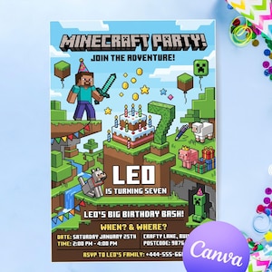 May include: Minecraft-themed birthday party invitation with pixelated graphics. The invitation features the text "Minecraft Party!" and "Join the Adventure!" along with the name "Leo" and the phrase "is turning seven."
