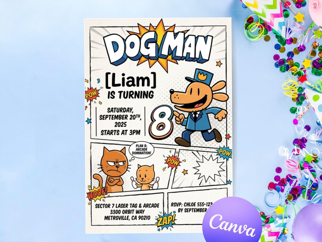 Dog Man Birthday Invitation Template Editable Canva Comic Dog Hero ...