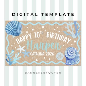 May include: A rectangular digital template with a kraft paper background featuring a light blue wavy border. The text reads HAPPY 10TH BIRTHDAY Harper CATALINA 2026. Decorated with watercolor illustrations of blue seashells, white starfish, and light blue coral.