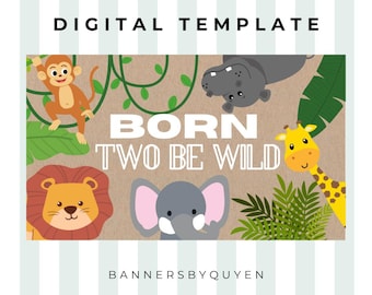 Jungle Animals Birthday Banner Template | Editable Canva Party Decor (Digital Download)