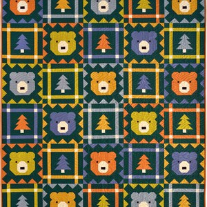 May include: A patchwork quilt featuring a repeating grid pattern of stylized bear faces and evergreen trees. The bear blocks are framed by jagged borders, while the tree blocks are set within plaid squares in shades of green, orange, blue, and yellow.