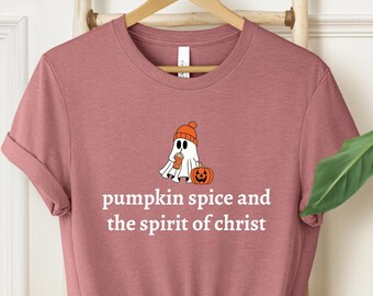 Cute Ghost Pumpkin Spice Coffee Shirt, Fall Jesus Tee, Christian Halloween T-Shirt, Trick or Treat Women Faith Apparel Gift, Bible Verse Tee