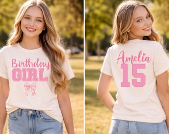 Custom Name and Age Birthday Girl Shirt: Pink Bow Coquette Birthday Tee