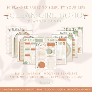 Puede incluir: Conjunto de páginas de planificador imprimibles con una estética boho limpia. Incluye planificadores diarios, semanales y mensuales, rastreadores de hábitos y estado de ánimo, páginas de notas y listas de tareas. Paleta de colores suaves.