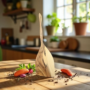 May include: A wooden spatula with a long, curved handle and a wide, flat head. The spatula is made of light-colored wood with dark grain patterns. A small orange carrot and a red radish are on the table.