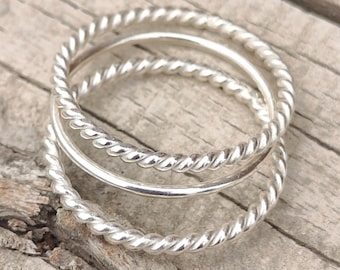 Sterling Silver Twisted Rope Ring Set, Minimalist Stacking Rings