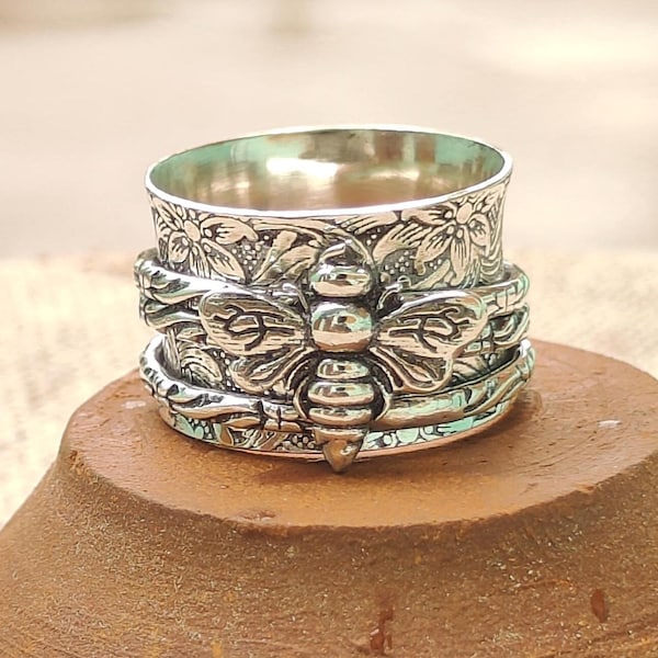 Handmade Bee Spinner Ring: Sterling Silver Fidget, Anxiety Jewelry