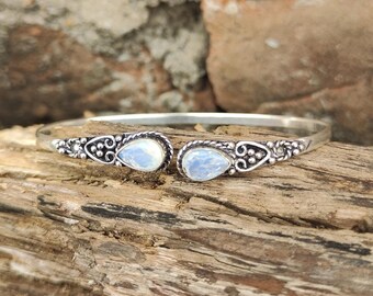 Adjustable Rainbow Moonstone 925 Silver Bangle: Handmade Boho Jewelry