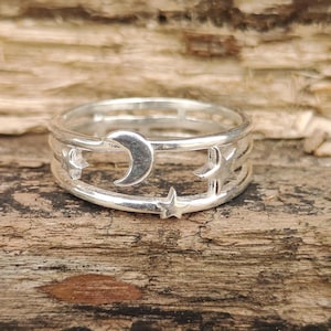Vintage 925 Sterling Silver Star & Moon Ring  Celestial Adjustable Open Band Bohemian Stackable Jewelry Minimalist Dainty Ring