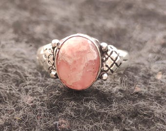 Rhodochrosite Ring 925 Sterling Silver, Natural Pink Gemstone Ring, Oval Statement Ring, Handmade Boho Jewelry, Pink Stone Ring Gift