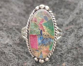 Copper Infused Tourmaline Composite Ring, 925 Sterling Silver Gemstone Ring, Colorful Oval Statement Ring, Boho Jewelry, Handmade Gift
