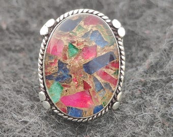 Tourmaline Composite Ring, 925 Sterling Silver Ring, Colorful Gemstone Ring, Handmade Statement Ring, Boho Jewelry, Unique Gift for Her