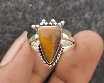 Tiger Eye Sterling Silver Ring, Large Pear Stone Ring, 925 Silver Gemstone Ring, Boho Statement Ring, Unisex Jewelry, Handmade Gift