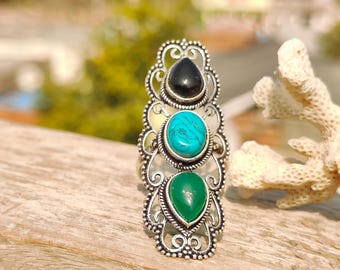 Multi Stein Sterling Silber Ring - Türkis, Onyx Filigree Boho Schmuck