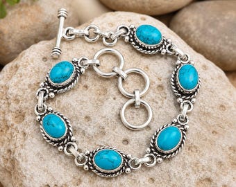 Natural Turquoise Bracelet Solid 925 Sterling Silver, Handmade India, Southwestern Boho Gemstone Jewelry, Western Silver Bracelet