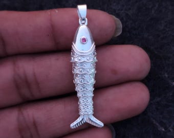 925 Sterling Silver Fish Pendant with Garnet Eye, Handmade Nautical Jewelry, Fish Charm Necklace, Ocean Animal Pendant, Unique Gift