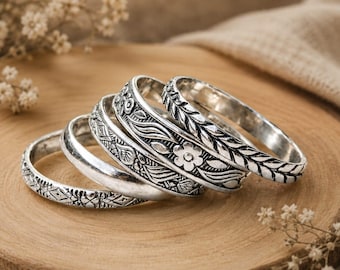 925 Sterling Silver Ring Set, 5 Piece Stacking Rings, Silver Stackable Rings, Floral Boho Ring Set, Women Gift, Handmade Silver Jewelry