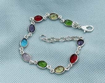 Multi Stein Armband Sterling Silber: Handgemachte Regenbogen Edelstein Boho Kette, Bunte Natürliche Zierliche Schmuck