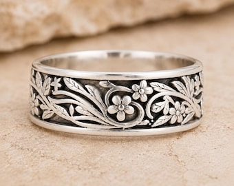 925 Sterling Silver Floral Ring, Wide Flower Band Ring, Botanical Vine Ring, Nature Inspired Ring, Sterling Silver Statement Ring