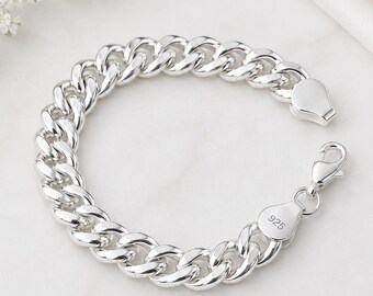 925 Sterling Silver Cuban Link Bracelet, Thick Curb Chain Bracelet, Unisex Wide Silver Bracelet, Minimalist Men's Jewelry
