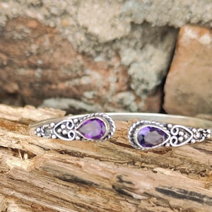 Amethyst Sterling Silver Bangle: Handmade Adjustable Boho Cuff