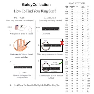 May include: An instructional guide titled GoldyCollection How To Find Your Ring Size, featuring two methods for measuring ring size with twine or a ruler, accompanied by a comprehensive ring size table listing diameter, circumference, and USA/Canada sizes.