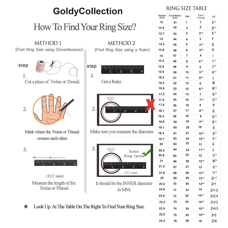 May include: An instructional guide titled GoldyCollection How To Find Your Ring Size, featuring two methods for measuring ring size with twine or a ruler, accompanied by a comprehensive ring size table listing diameter, circumference, and USA/Canada sizes.