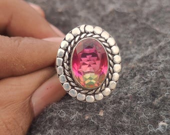 Bi Color Tourmaline Ring, 925 Sterling Silver Tourmaline Gemstone Ring, Pink Green Statement Ring, Oval Cocktail Ring, Handmade Jewelry