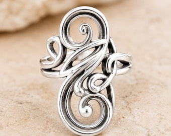 925 Sterling Silver Swirl Ring, Ornate Openwork Band, Scroll Filigree Ring, Vintage Inspired Statement Jewelry