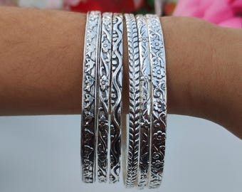 Handmade Sterling Silver Bangle Set, Floral Textured Stacking Bracelets
