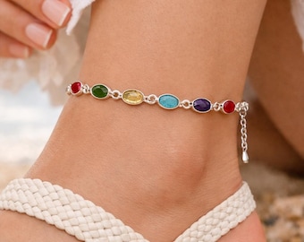 Sterling Silber Multi Stein Fußkettchen, Zierliche Boho Edelstein Ketten Schmuck