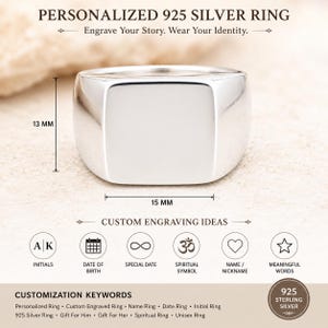 May include: A polished 925 sterling silver signet ring with a smooth, flat square face. The ring features a height of 13 mm and a width of 15 mm. The image includes text: PERSONALIZED 925 SILVER RING, Engrave Your Story. Wear Your Identity, and CUSTOM ENGRAVING IDEAS.