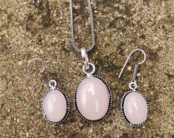Rose Quartz Jewelry Set: 925 Sterling Silver Earrings & Pendant, Boho Style