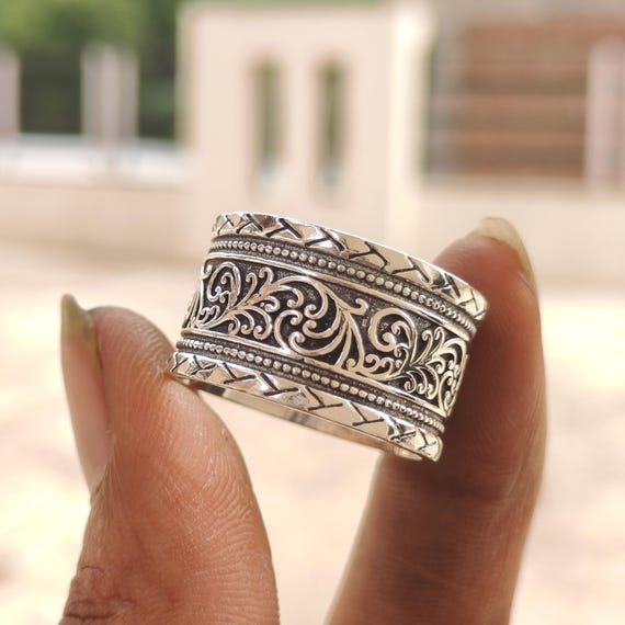 925 Sterling Silver Wide Band Ring, Vintage Floral Tribal Engraved, Boho Statement, Oxidized Handmade