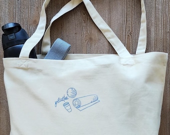 PiLATTEs Large Organic Cotton Tote Bag | Pilates Cafe Coffee Minimalist Hand-Drawn Design Aesthetic | Pilates and Lattes