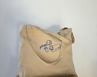 Embroidered PiLATTEs Large Organic Cotton Tote Bag | Pilattes Cafe Coffee Minimalist Hand-Drawn Design Aesthetic | Pilates and Lattes
