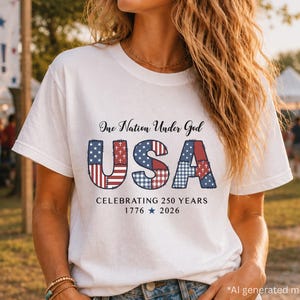 May include: White t-shirt with the text "One Nation Under God USA Celebrating 250 Years 1776 2026". The word "USA" is designed with a patchwork of red, white, and blue patterns. The shirt is short-sleeved.