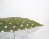 Green and gold pillow, metallic gold star print on moss green velvet throw pillow, cushion cover