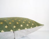 Green and gold pillow, metallic gold star print on moss green velvet throw pillow, cushion cover