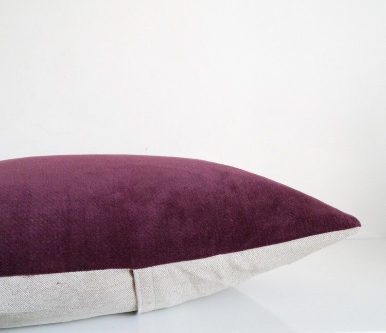 Velvet Throw Pillow in Deep Eggplant Velvet and Natural Linen Etsy