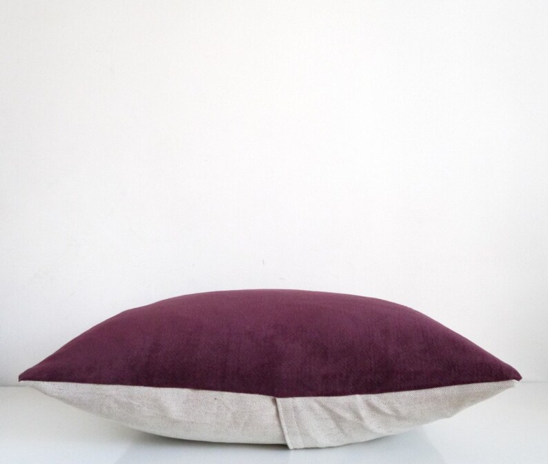 Velvet Throw Pillow in Deep Eggplant Velvet and Natural Linen Etsy