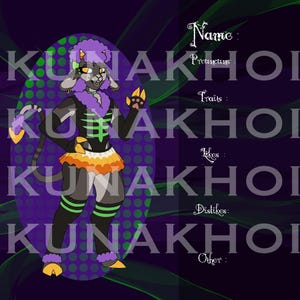 May include: Digital artwork featuring a character with a purple afro, a black and green skeleton-themed top, and an orange skirt. The character has grey fur, yellow claws, and is set against a purple and green background. Text includes the name, pronouns, traits, likes, dislikes, and other.
