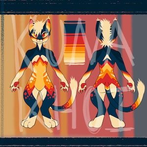 May include: Illustration of a stylized anthropomorphic cat character in front and back views. The character has a color scheme of navy blue, orange, yellow, and red. The character has a long tail and is in a standing position.