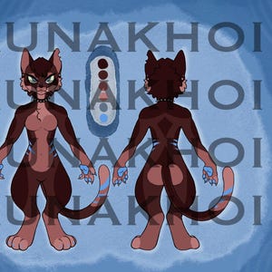 May include: Illustration of a brown anthropomorphic cat character with front and back views. The character has a dark brown fur, blue accents, and a black collar. The background is blue with the text "KUNAKHOI".