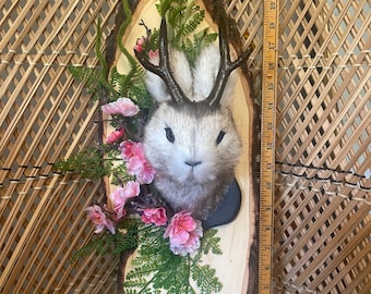 Large Floral Jackalope Wall Mount, 24 Inch Rustic Woodland Rabbit Decor